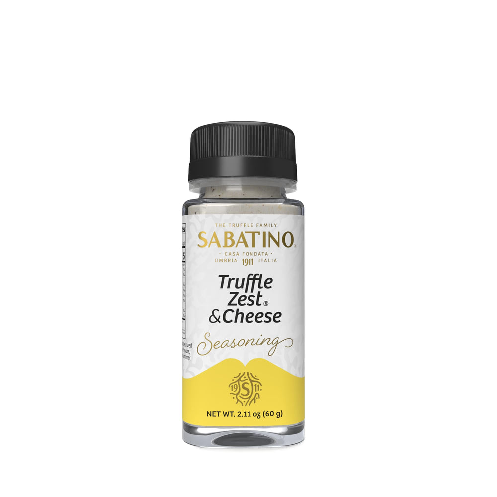 Sabatino Tartufi Truffle Zest & Cheese Seasoning jar adds gourmet aroma to meals.