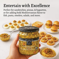 Sable & Rosenfeld bruschetta spread on cracker close-up with Mediterranean flavors.