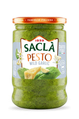 SACLA wild garlic pesto jar close-up highlighting rich cheese blend