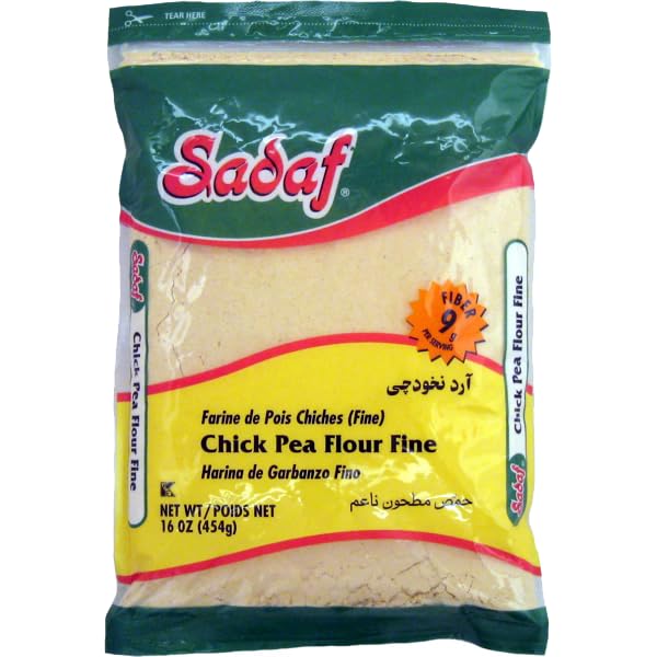 Sadaf Chickpea Flour Fine 16oz bag for falafel and baking, vegan-friendly texture enhancer.