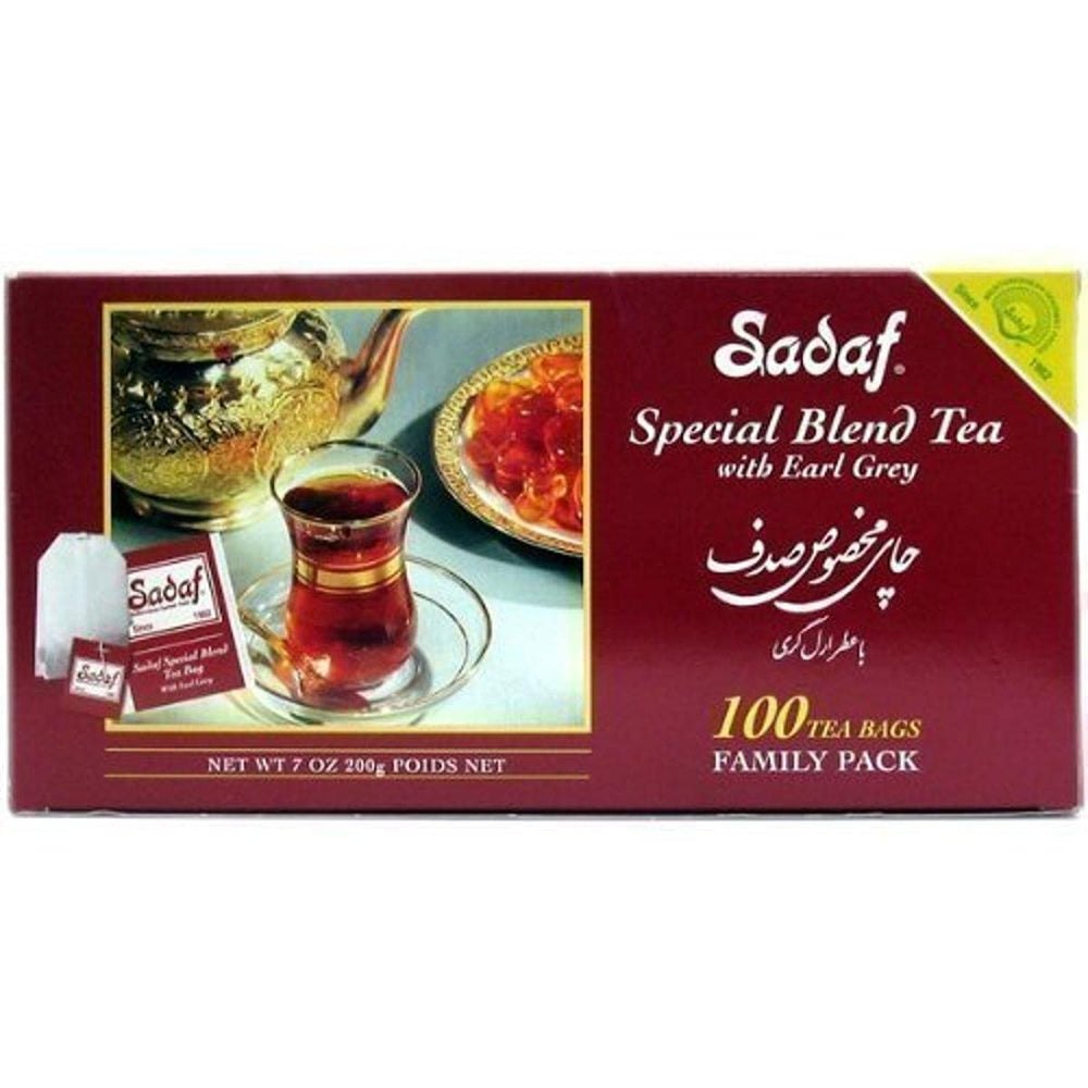 Sadaf Earl Grey paper tea bags in a 100-count box for daily tea rituals.