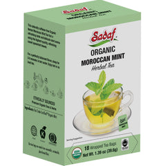 Sadaf Moroccan Mint Tea bags closeup showing individually wrapped freshness.