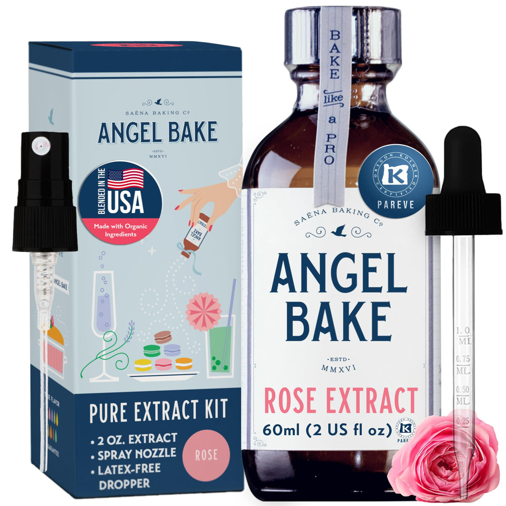 SAENA BAKING CO rose extract bottle close-up for baking and beverages