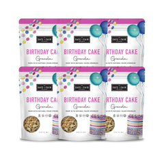 The Safe + Fair Birthday Cake Granola front packaging highlights gluten-free, vegan snacking