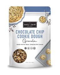 Safe + Fair chocolate chip cookie dough granola pack for quick vegan snacking.