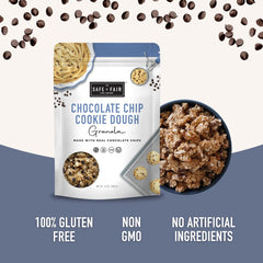 Close-up of Safe + Fair granola with chocolate chips.