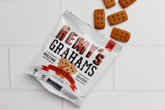 Safe and Fair Remy Cinnamon Grahams on-the-go snack in a portable pouch.