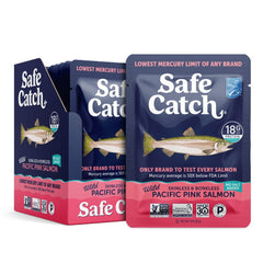 Safe Catch mercury tested salmon pouch with low mercury levels.