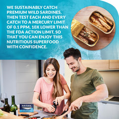 Safe Catch wild sardines in water can, ready-to-eat convenience.