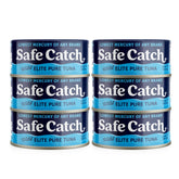 Safe Catch Wild Tuna can with open lid showing solid tuna steak, omega-3 rich