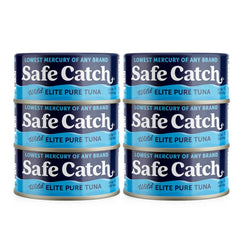 Safe Catch Wild Tuna can with open lid showing solid tuna steak, omega-3 rich