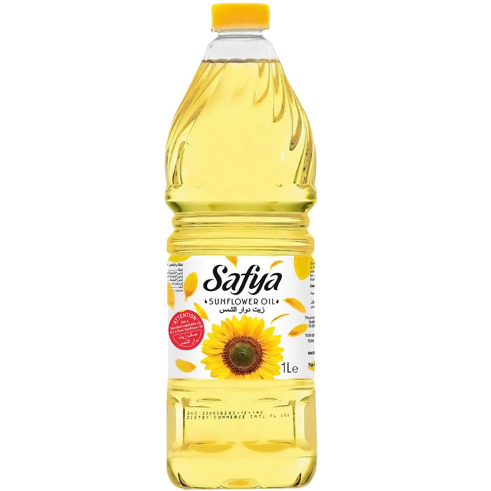 Safya 100 Pure Sunflower Oil bottle on kitchen counter; high-heat cooking ready