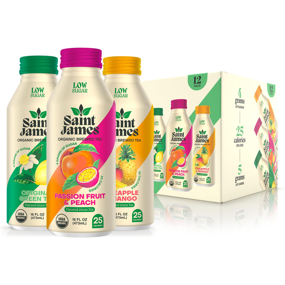 Saint James Iced Tea Passionfruit Peach bottle—organic, low-sugar refreshment.