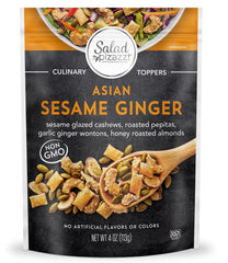 Salad Pizazz Asian Sesame Ginger topping pouch front, ready to shake on salads.