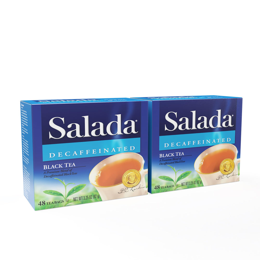 Salada decaffeinated black tea box showing 48 bags for daily brewing.