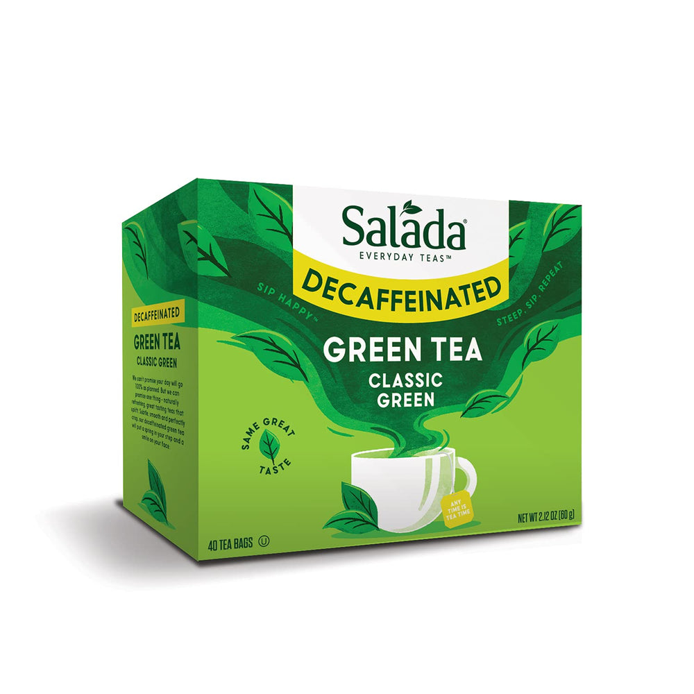 Salada decaffeinated green tea box with 40 bags for easy, on-the-go brewing.