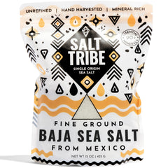 Salt Tribe Baja Sea Salt bag shows unrefined mineral-rich salt for cooking.