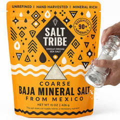Salt Tribe Baja Sea Salt bottle shows pure, mineral-rich crystals for everyday cooking.