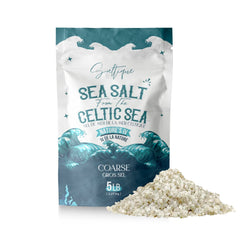 Saltique Celtic Salt Coarse 5lb packaging shows mineral-rich crystals for hydration support.