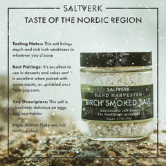 Saltverk birch smoked sea salt flakes close-up, delicate crystals delivering smoky Icelandic aroma.