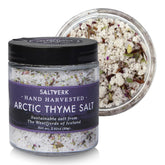 Saltverk Sea Salt Arctic Thyme flakes closeup shows premium texture for finishing dishes.