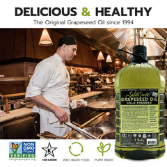 Salute Santé grapeseed oil bottle close-up label—pure, cold-pressed quality.