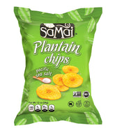 Samai Pacific Sea Salt Plantain Chips bag close-up, gluten-free and all-natural.