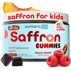 Samara 888 saffron kids gummies bottle front, promoting calm focus and balanced mood.