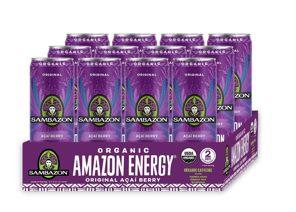 Sambazon Organic Amazon Energy can on table, highlighting plant-based caffeine lift.