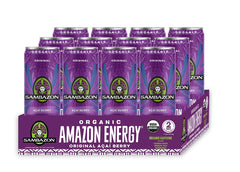 Sambazon Organic Amazon Energy can on table, highlighting plant-based caffeine lift.