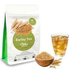 SAMCCI barley tea bag closeup showing roasted grains and smooth caffeine-free aroma.