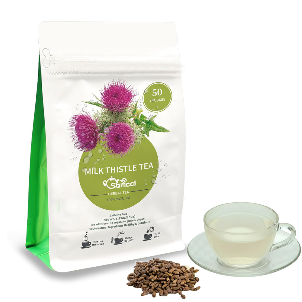 SAMCCI Milk Thistle Tea Bags packaging shows natural ingredients for a pure brew