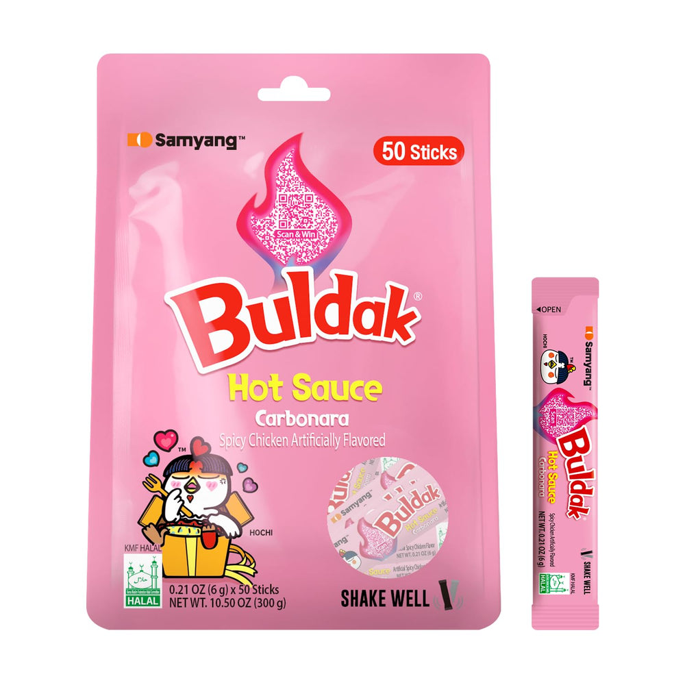 Samyang Buldak Carbonara sachet close-up showing convenient single-serving portion.