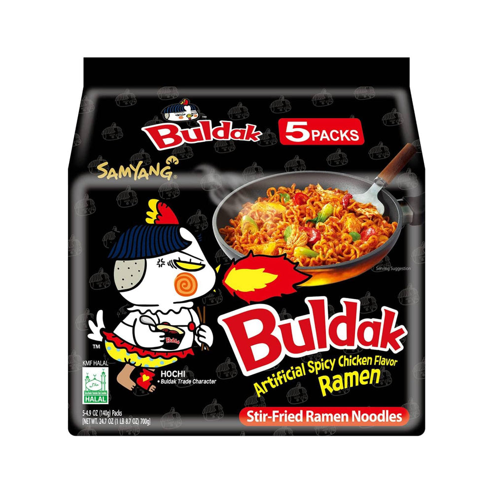 Samyang Buldak Spicy Ramen five-pack delivers fiery flavor for quick, satisfying meals.