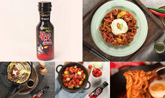 Samyang Bulldak Fire sauce served with noodles for fiery bites.