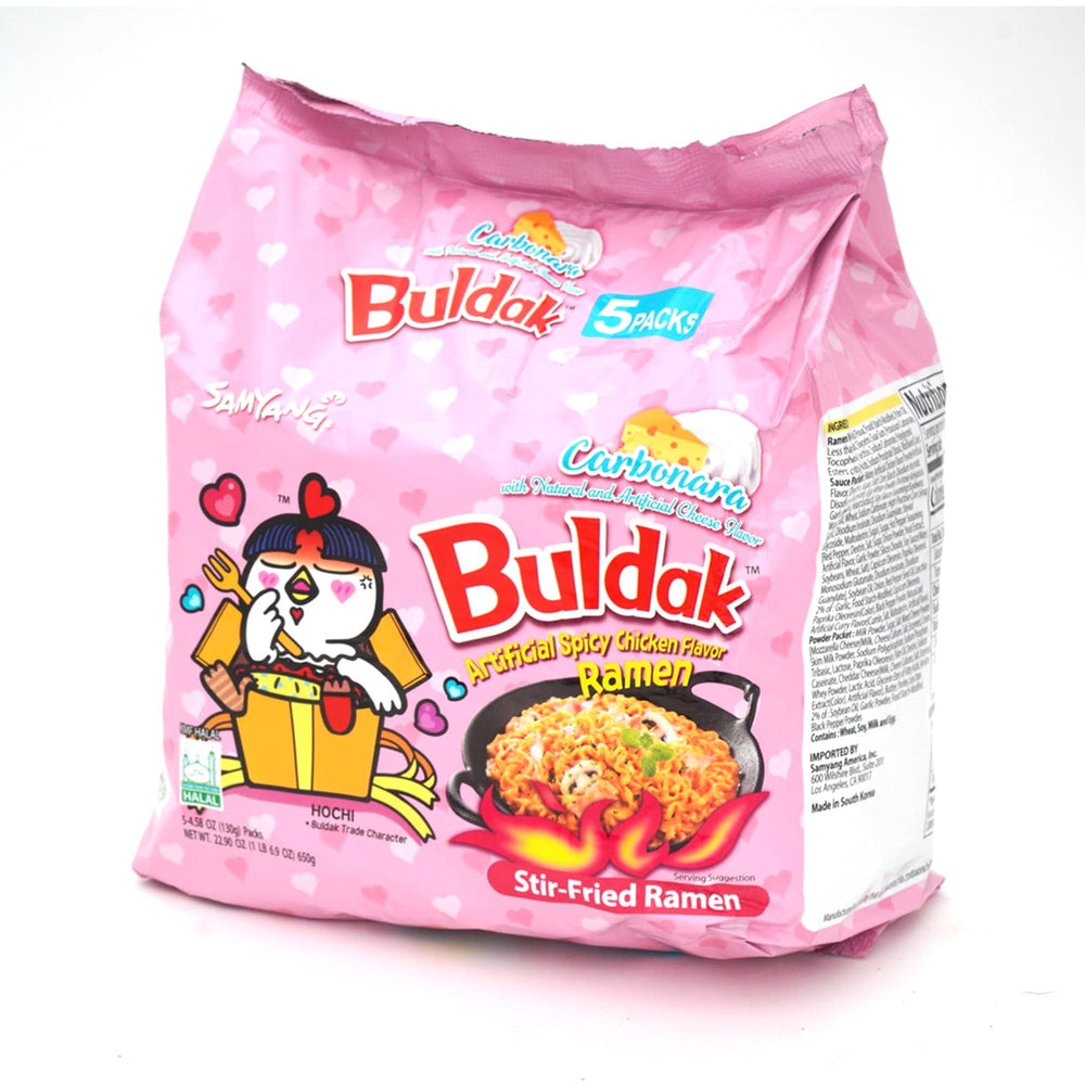 Samyang Carbonara Buldak noodles pack-5: bold noodles for a fiery, share-worthy meal.