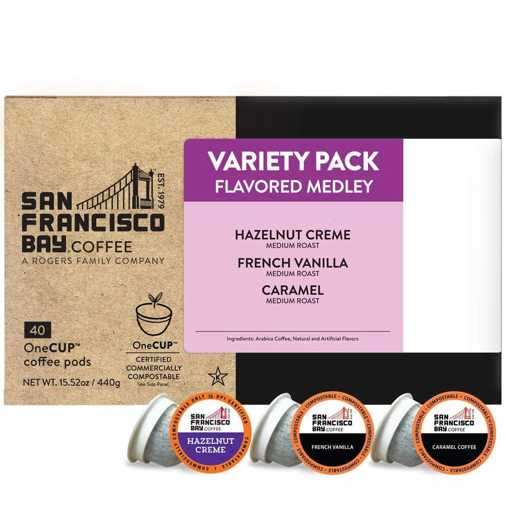 Display of San Francisco Bay coffee variety pack with three flavors for home or office use.