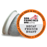 San Francisco Bay decaf French Roast pods in compostable packaging.