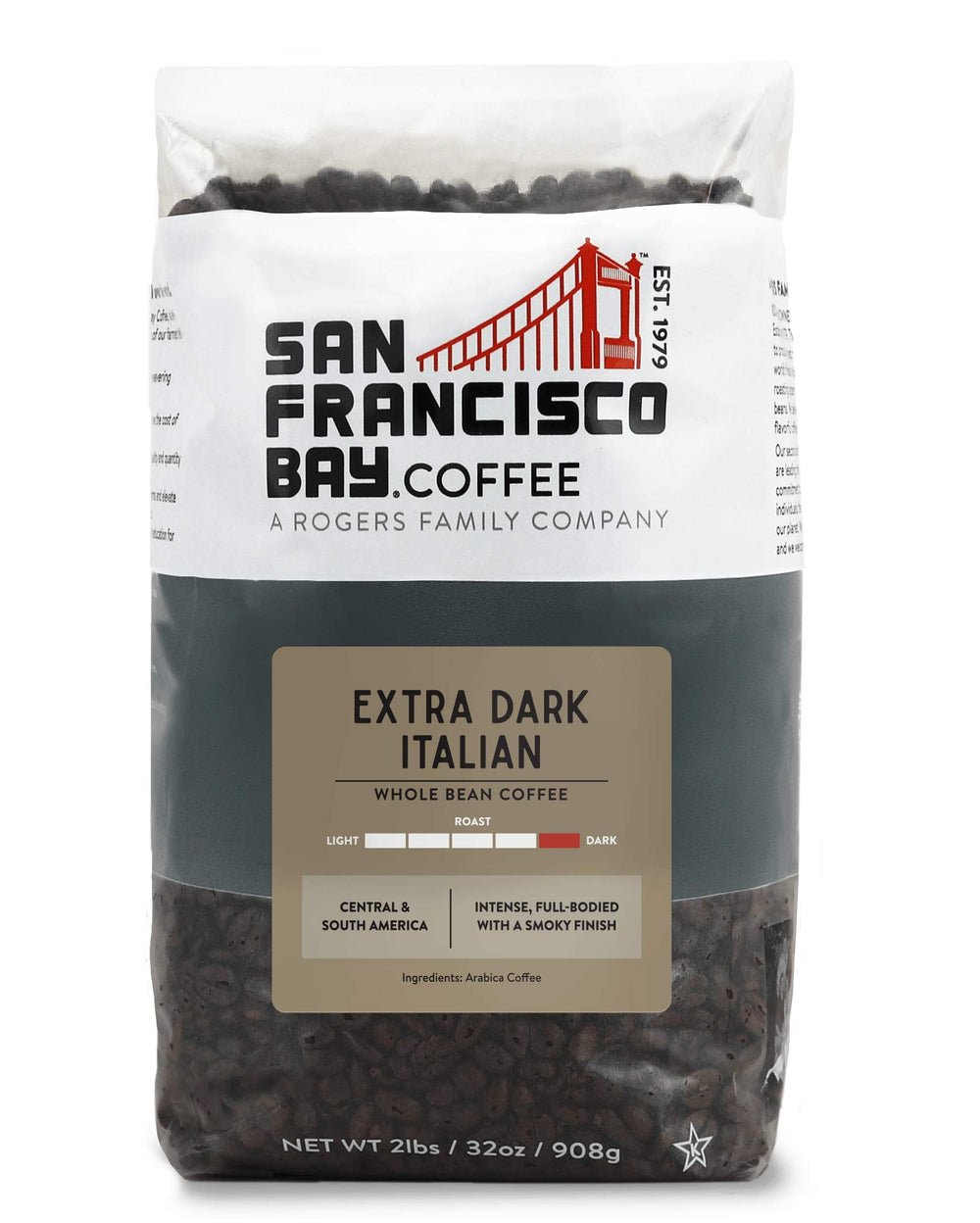 San Francisco Bay Dark Italian 2lb bag highlights convenient home brewing and rich aroma.