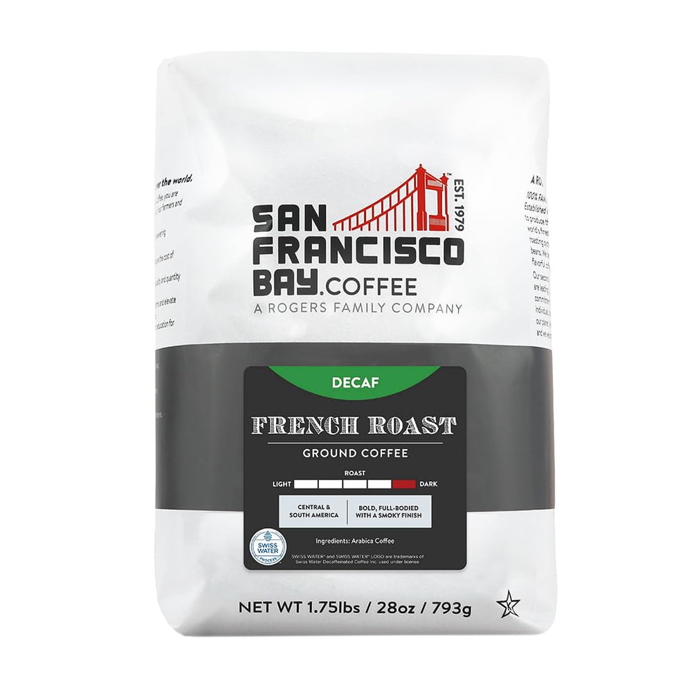 SAN FRANCISCO BAY Decaf Dark Roast bag highlighting bold aroma and smooth finish.