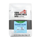 San Francisco Bay Decaf Gourmet Blend bag front ready for brewing.