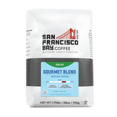 San Francisco Bay Decaf Gourmet Blend bag front ready for brewing.