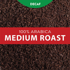 San Francisco Bay Decaf Gourmet Blend pack beside glass inviting flavor.