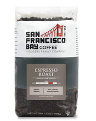 San Francisco Bay Espresso Roast whole beans with rich aroma for home brewing.