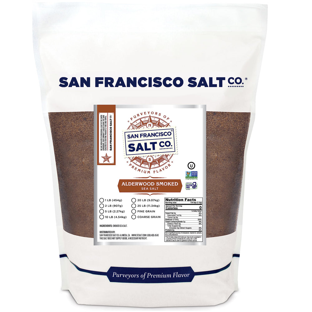 San Francisco Salt Company Alderwood Smoked Sea Salt, fine grain, enhances seafood flavor.