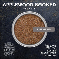 San Francisco Salt Company Applewood Smoked Sea Salt granules close-up with smoky aroma.