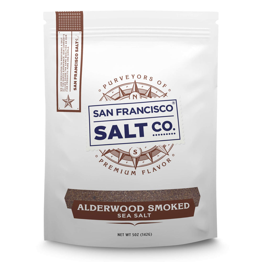 San Francisco Salt Company Alderwood smoked sea salt enhances seafood with clean campfire aroma.