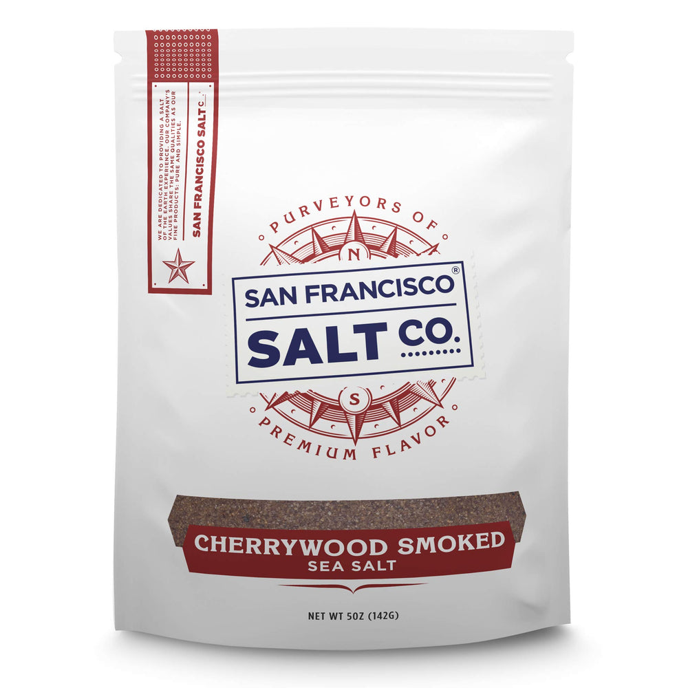 San Francisco Salt Company cherrywood smoked sea salt jar with fine grains for easy sprinkling