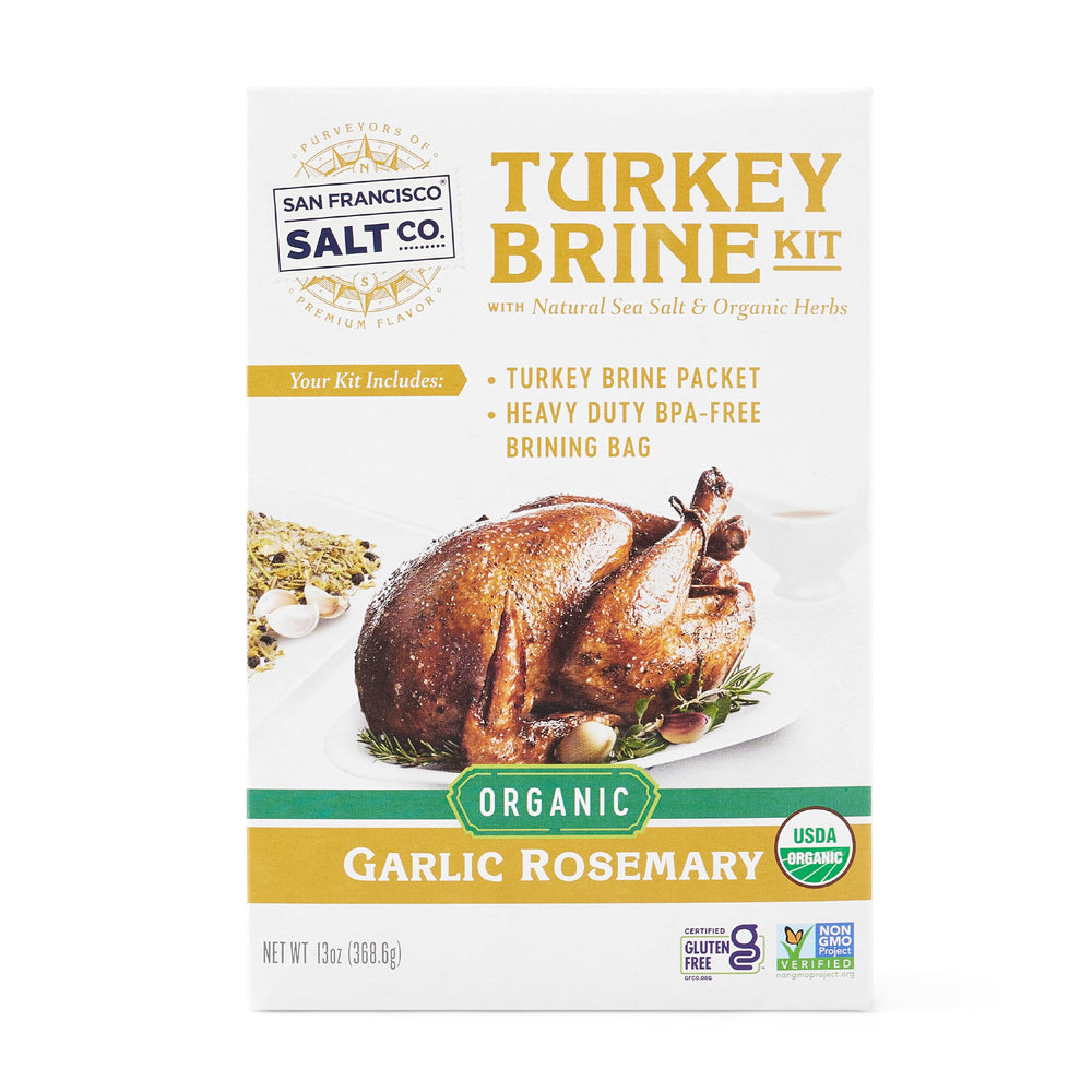 San Francisco Salt Company organic turkey brine kit featuring garlic rosemary blend for enhanced flavor.