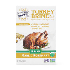San Francisco Salt Company organic turkey brine kit featuring garlic rosemary blend for enhanced flavor.